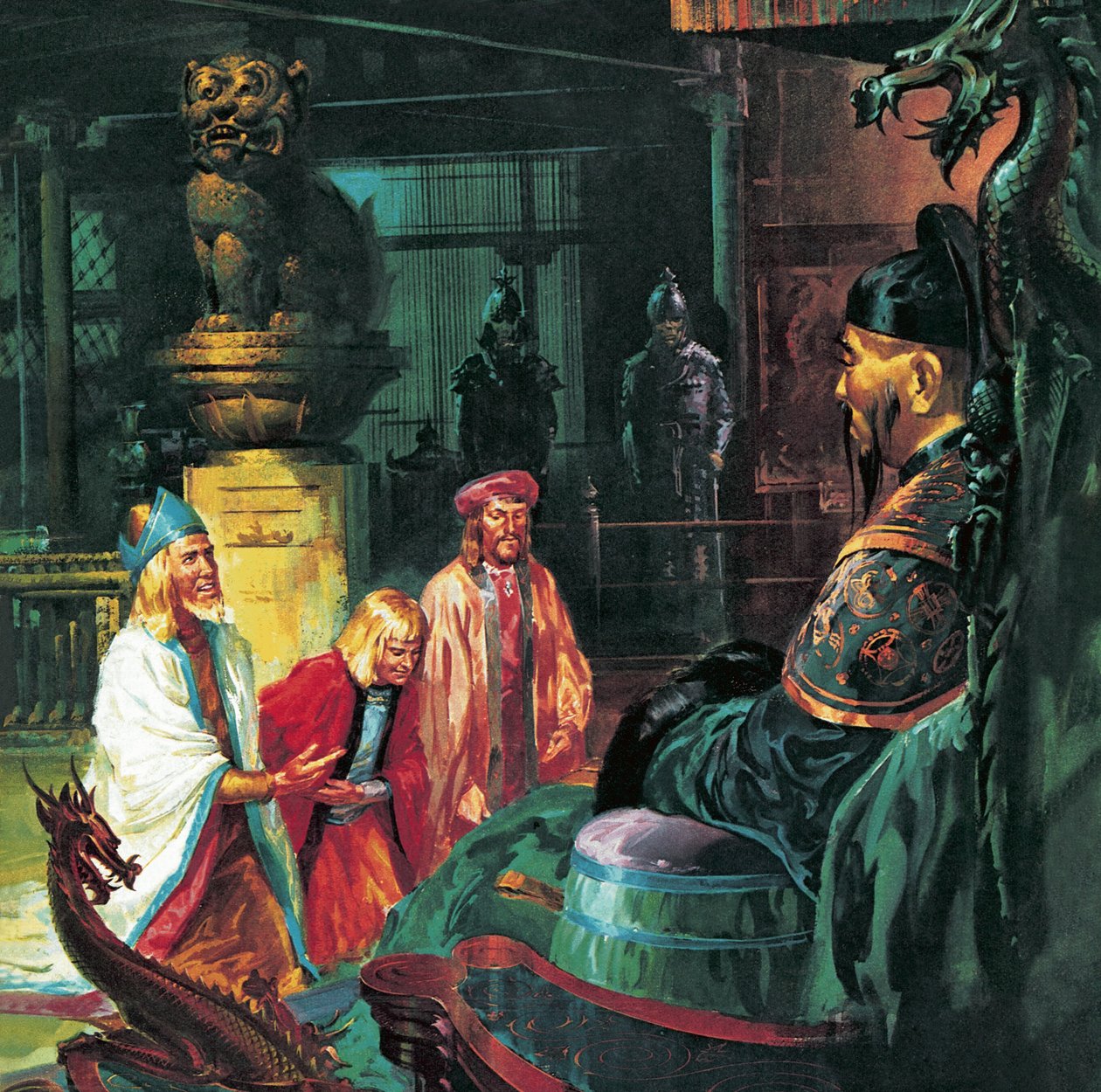 Marco Polo foran Kublai Khan, 20. århundrede (litografi) af James Edwin McConnell