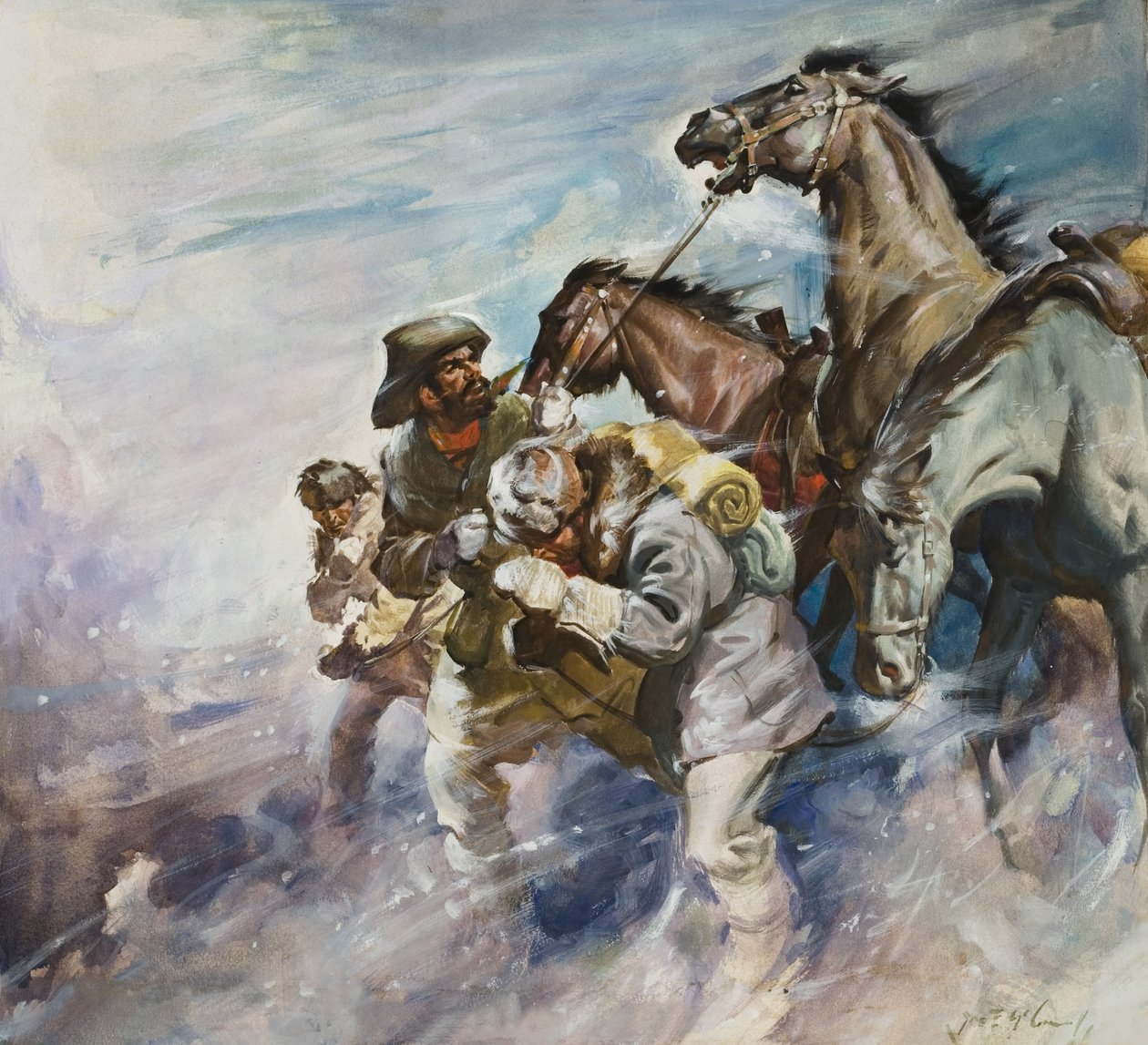 Mænd og heste kæmper mod en storm (gouache på papir) af James Edwin McConnell