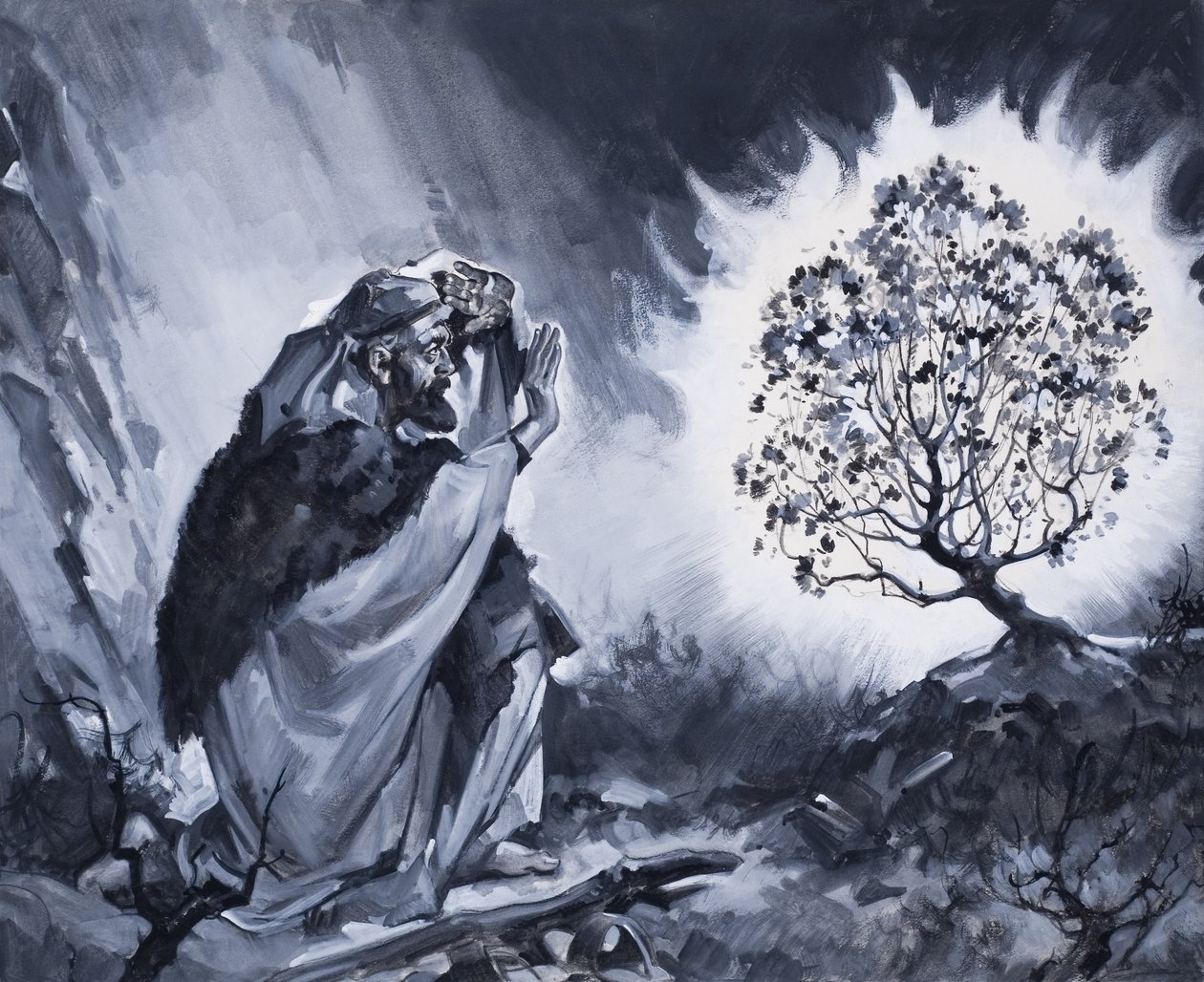 Moses og den brændende busk (gouache på papir) af James Edwin McConnell
