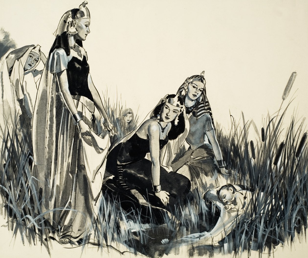 Moses findes blandt buskene (gouache på papir) af James Edwin McConnell