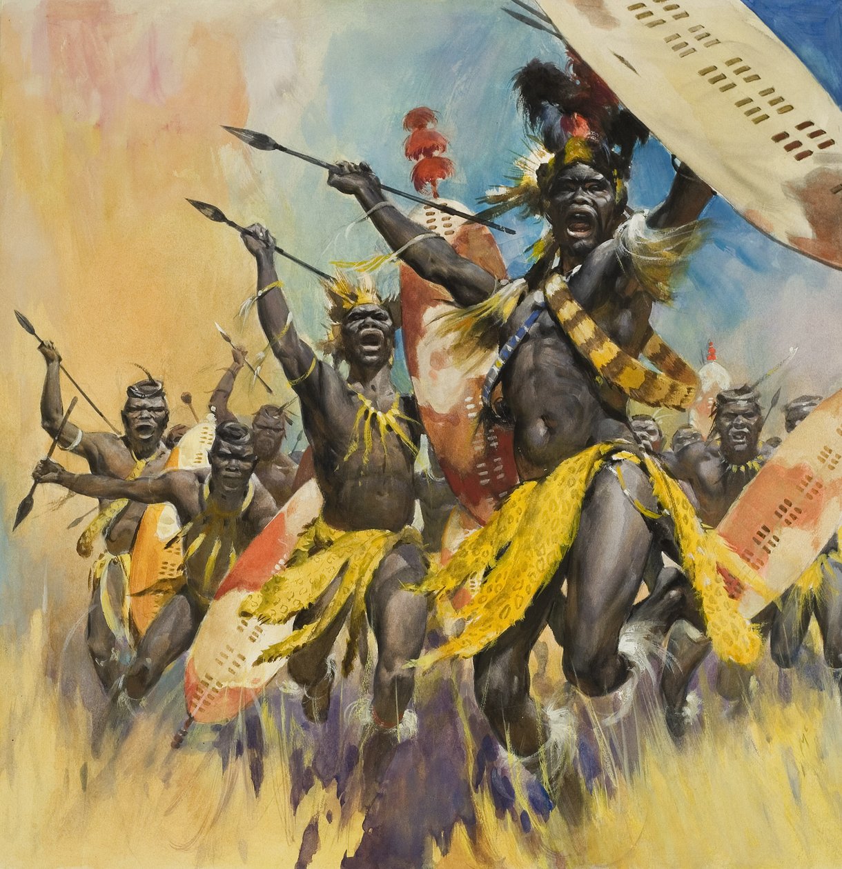 Zulu Warriors (gouache på papir) af James Edwin McConnell