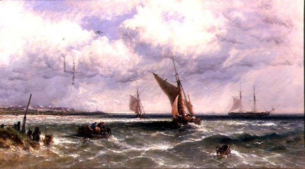 Fiskerbåde, der kommer ind til kysten med en to-skibsfører for anker hinsides af James Edwin Meadows