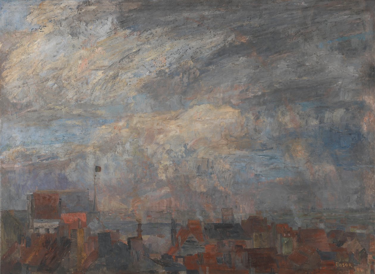 Stort vue over hustagene i Ostende af James Ensor
