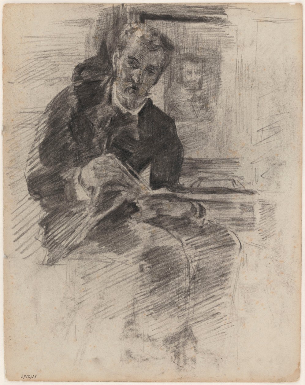 Læsende mand (faktisk: Willy Finch siddende ved et bord med palet og pensler i hånden) af James Ensor
