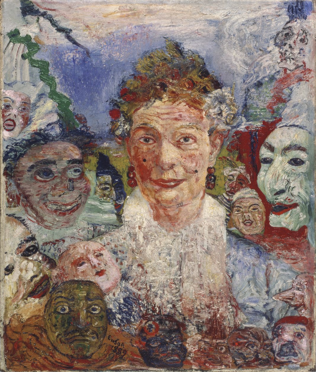 Gammel dame med masker, 1889 af James Ensor