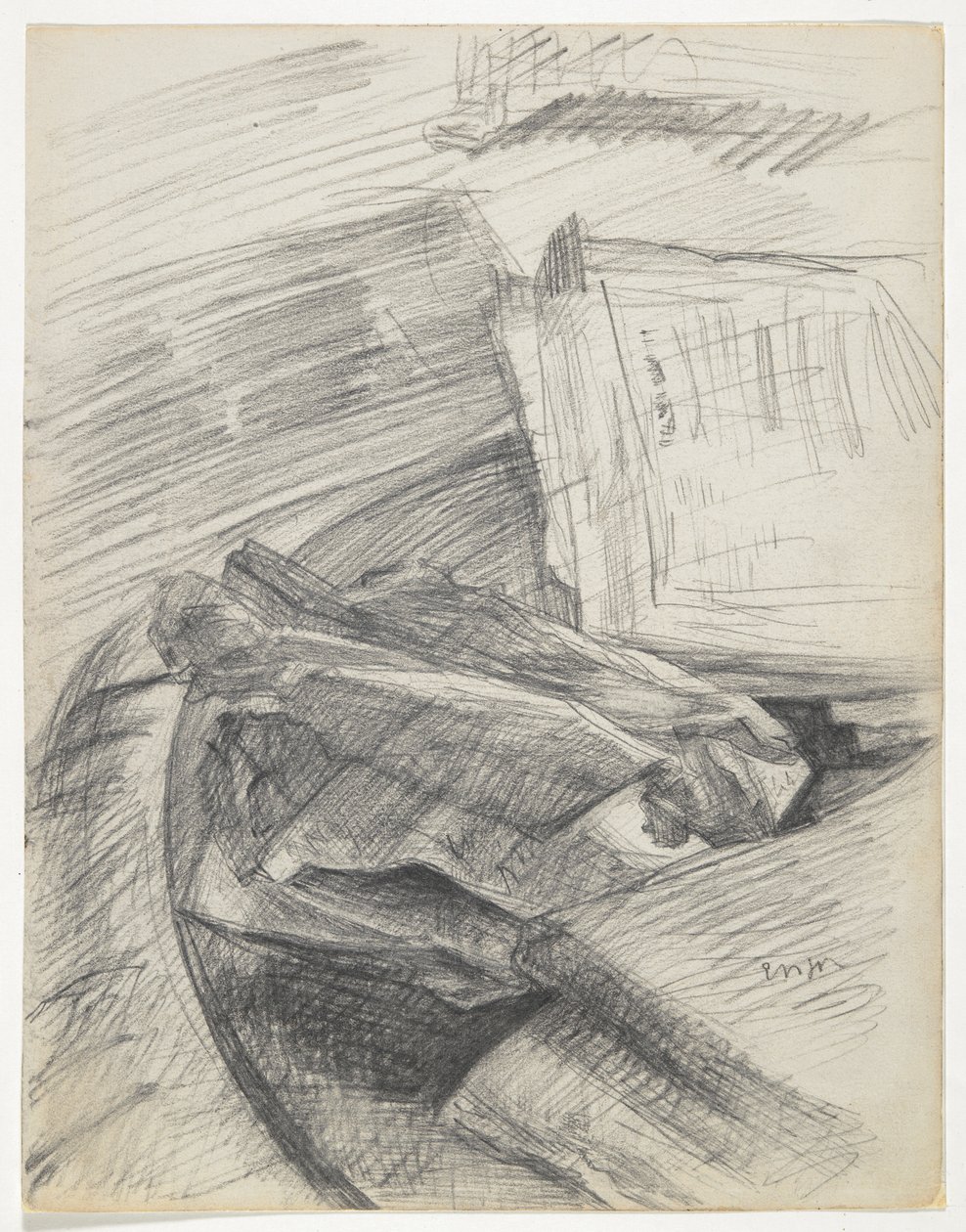Papirer og bøger arrangeret på et bord af James Ensor