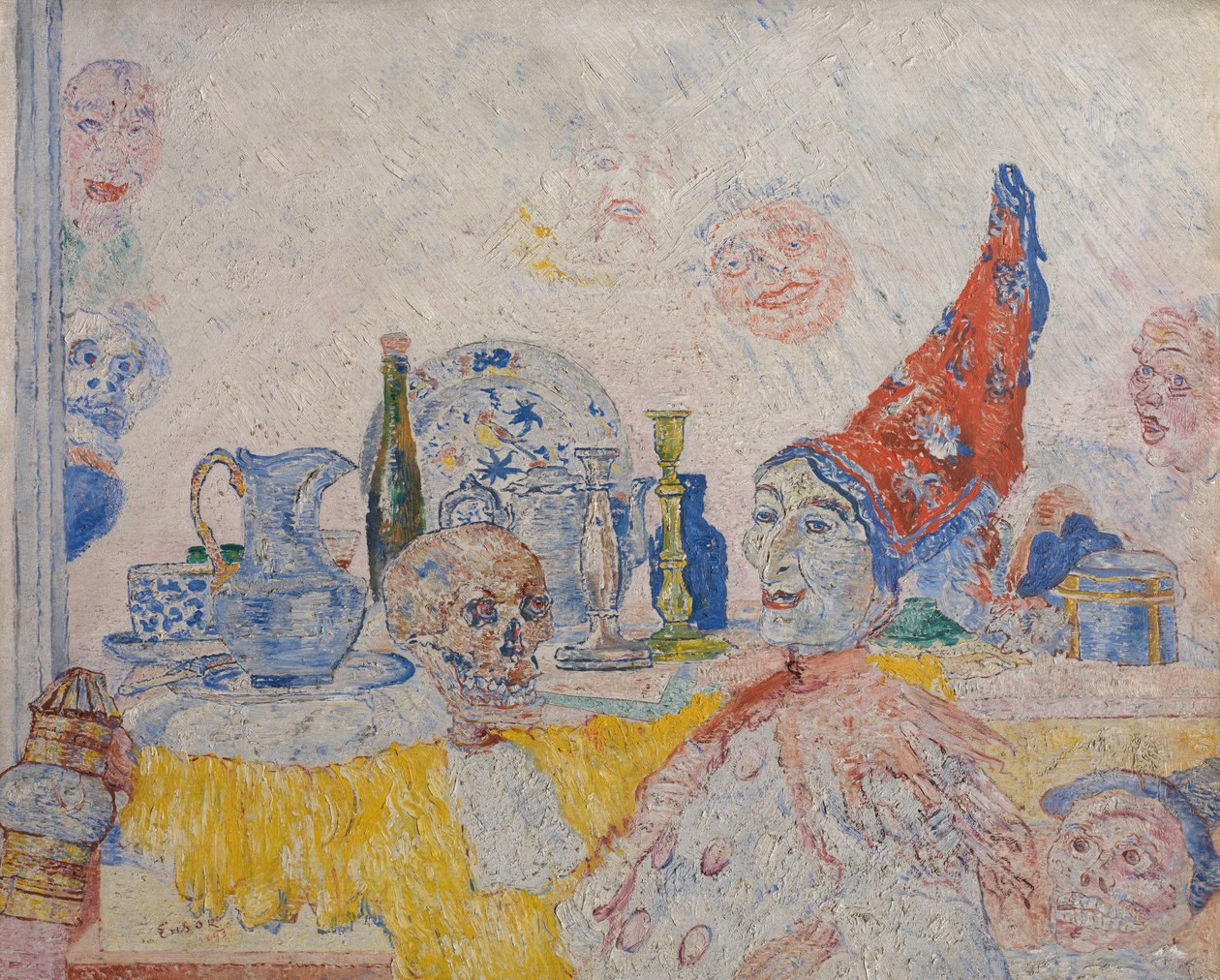 Pjerrot og skelet i en gul kappe af James Ensor