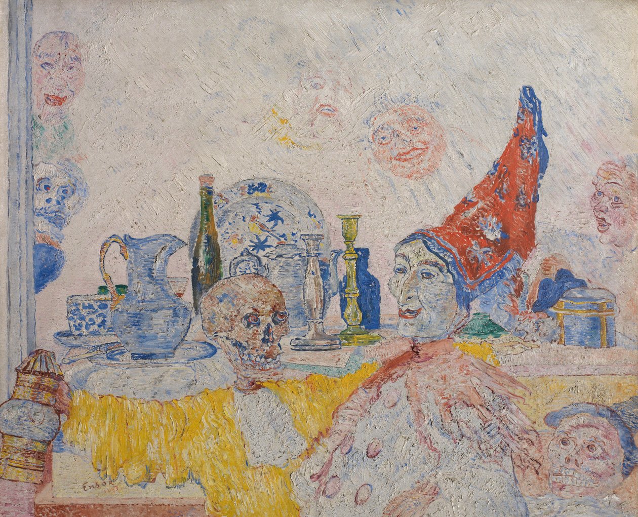 Pjerrot og skelet i gul kappe af James Ensor