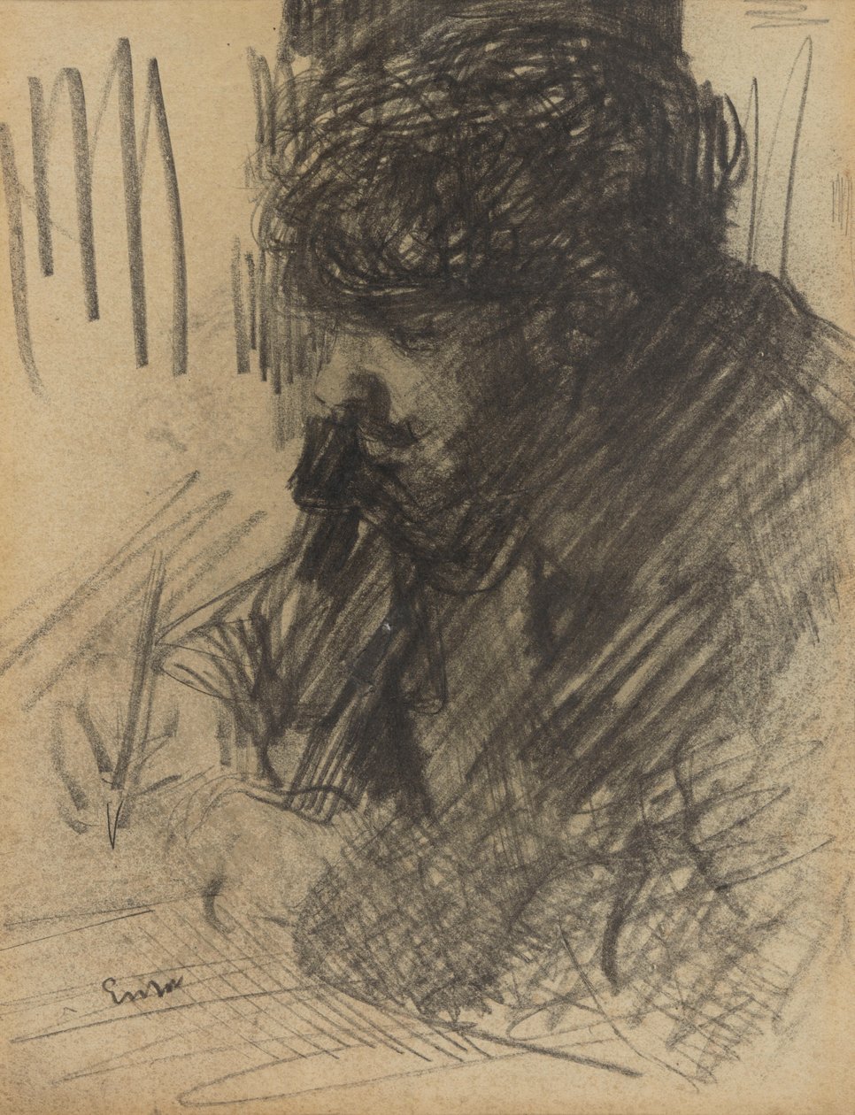 Portræt af Dario de Regoyos, der skriver af James Ensor