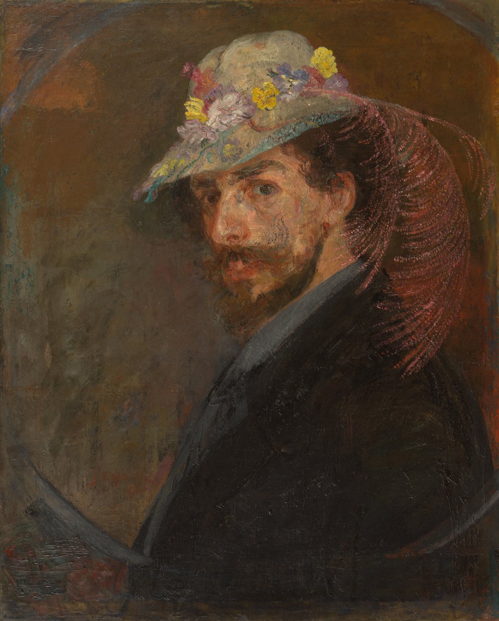 Selvportræt med hat og blomster af James Ensor