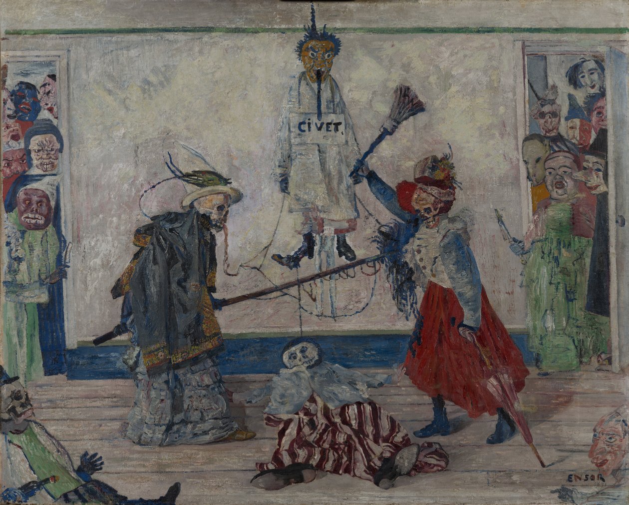 Skeletter kæmper om liget af en hængt mand af James Ensor