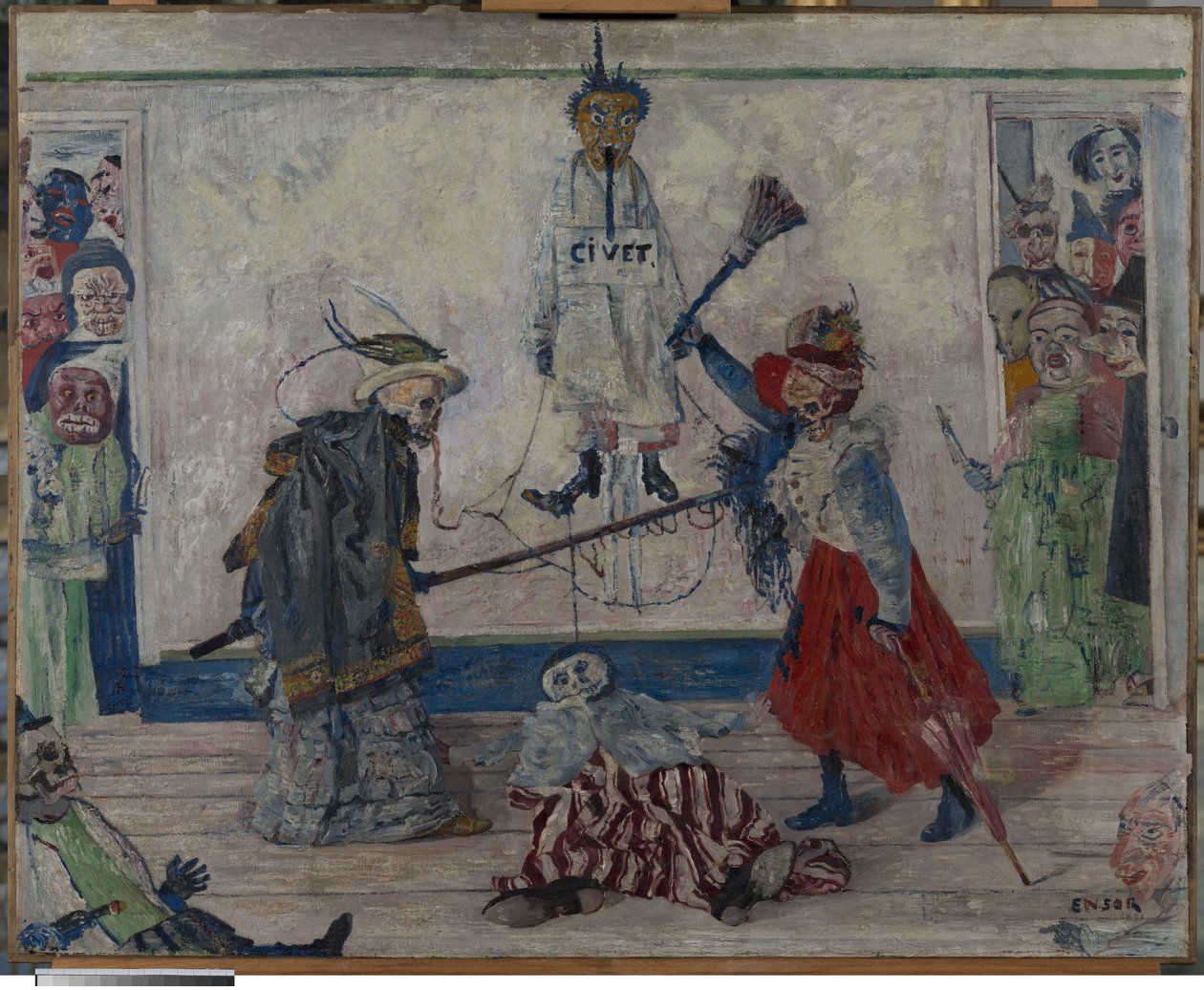 Skeletter, der kæmper om en hængt mands lig af James Ensor