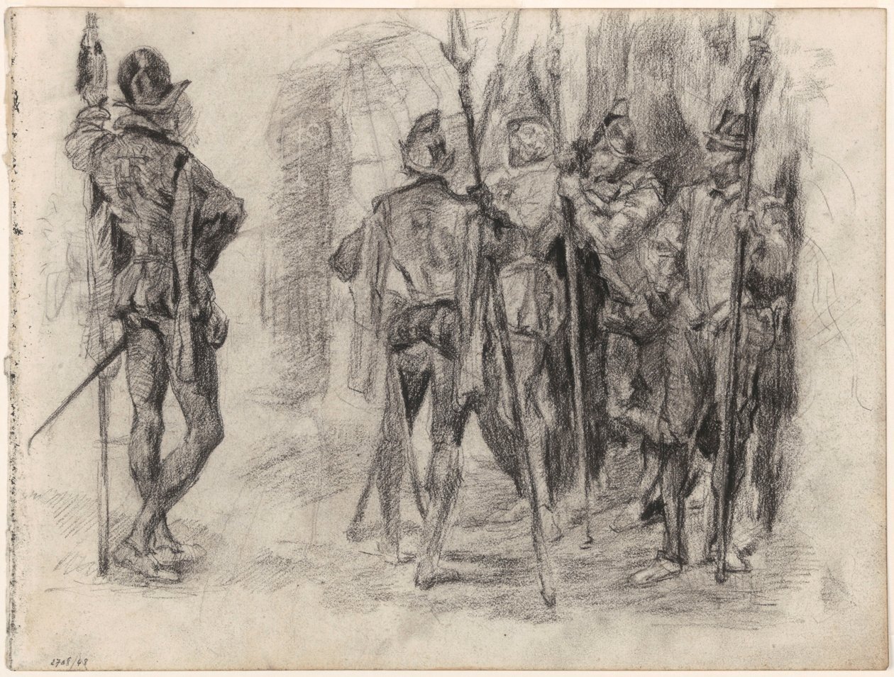 Skitser af figurer og fem spanske soldater med lanser af James Ensor