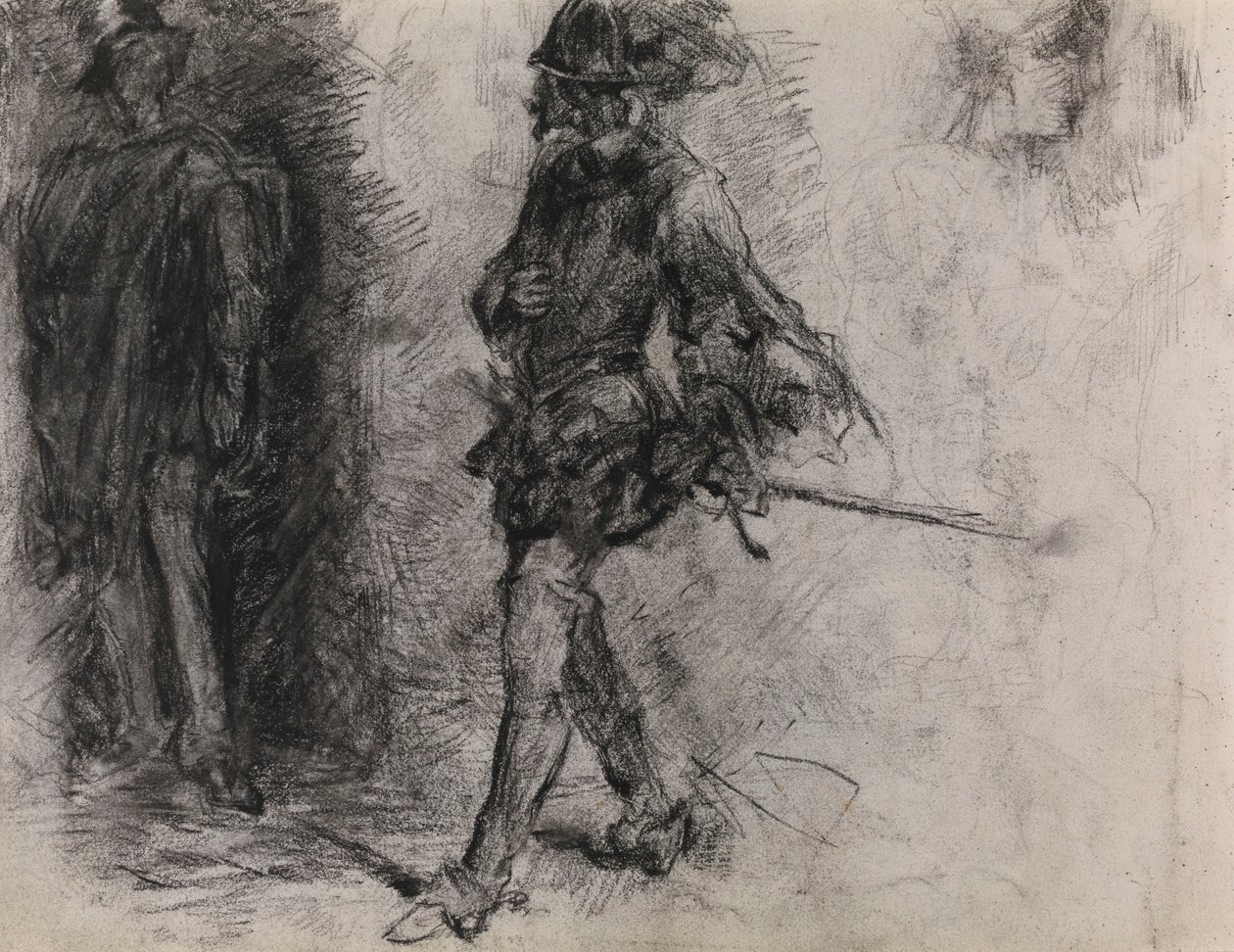 En spanier, der står i skyggen, en anden mand og et hoved set i profil af James Ensor