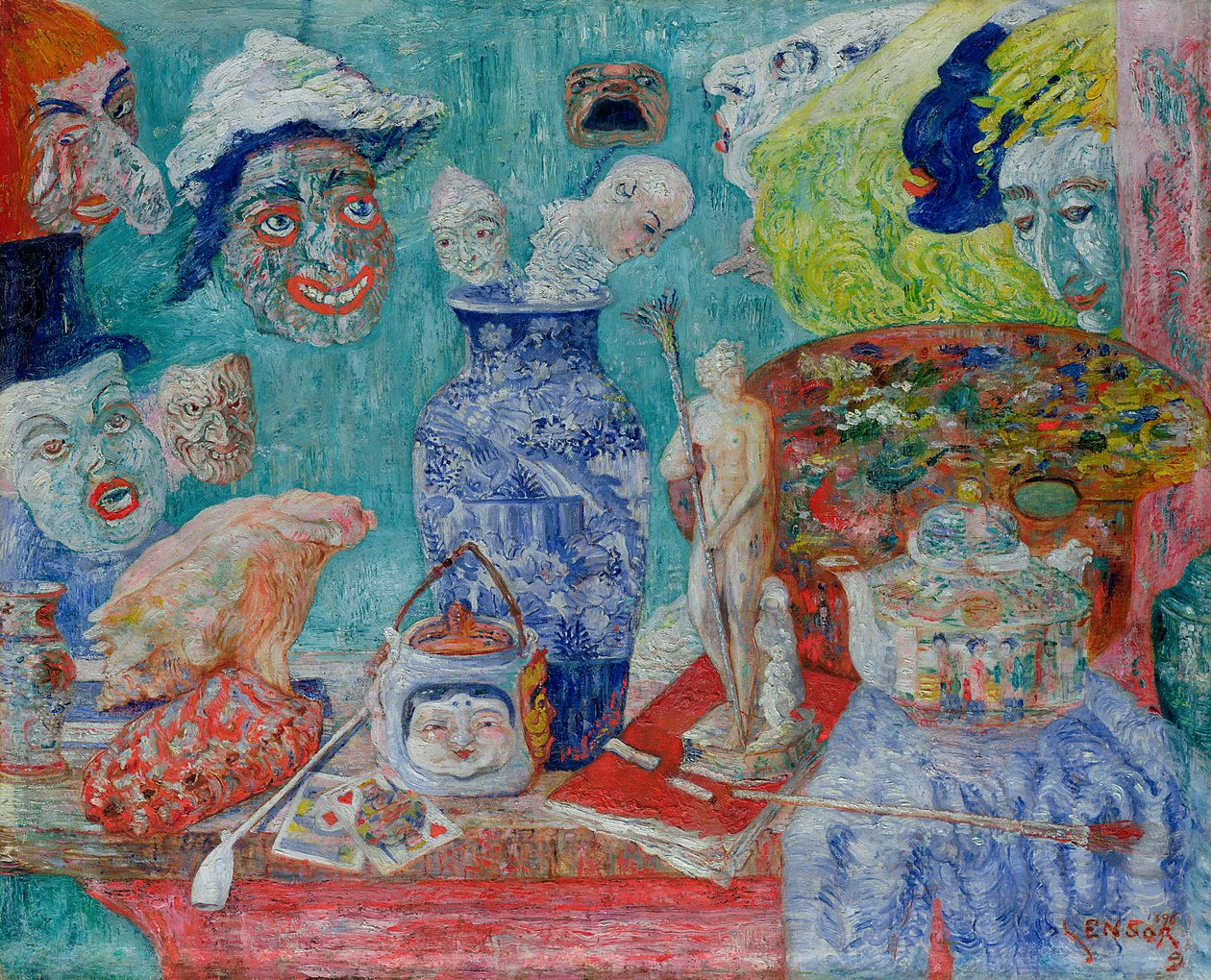 Stilleben med masker (Bric-a-Brac) 1896 (olie på lærred) af James Ensor