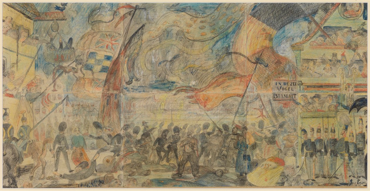 The Strike Action (kridt, blyant og pastel på papir monteret på karton) af James Ensor