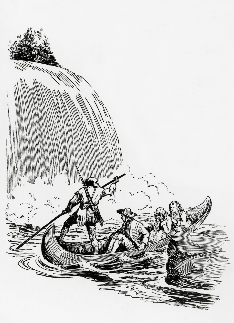 Hovedpersonerne i en kano ved et vandfald, illustration til The Last of the Mohicans af James Fenimore Cooper, Principato Editore, Milano af James Fenimore Cooper