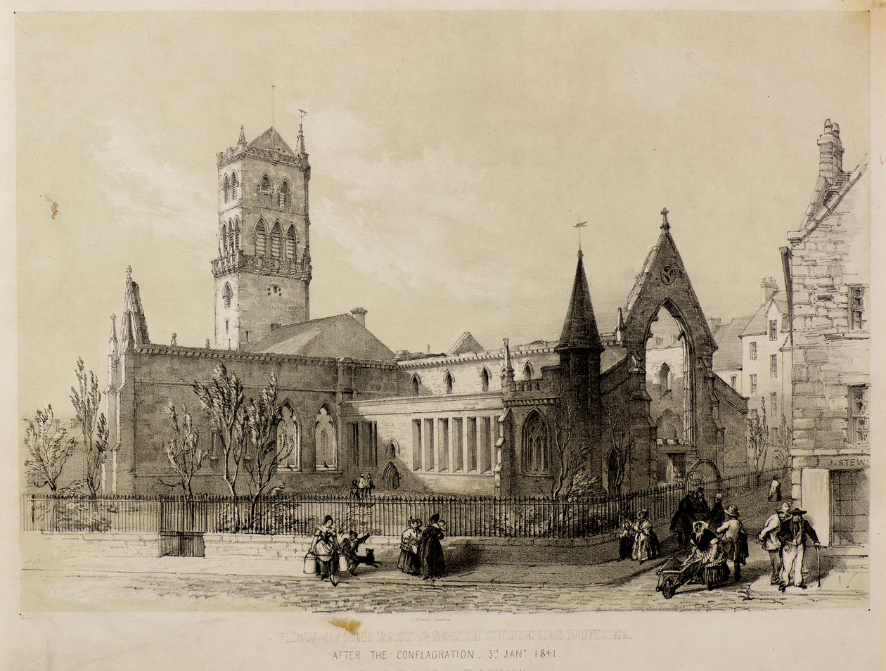 Udsigt over øst- og sydkirkerne, Dundee, efter branden, 3. januar 1841 af James Fenton