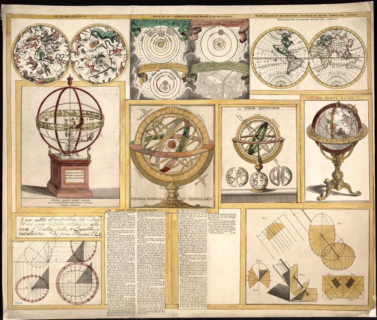 Samling af ni billeder, herunder astronomiske instrumenter, himmelkort og et verdenskort. LOC 2013593153 af James Ferguson