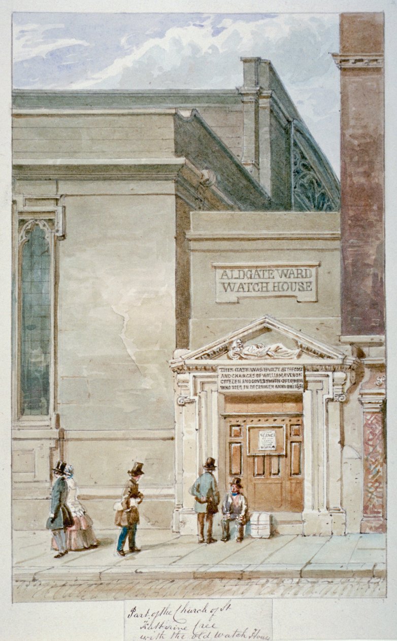 Delvis udsigt over St Katherine Cree og Aldgate Watch House, City of London, 1830 af James Findlay