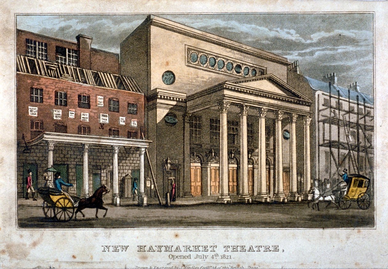 Udsigt over Haymarket Theatre, Westminster, London, 1821. af James Findlay
