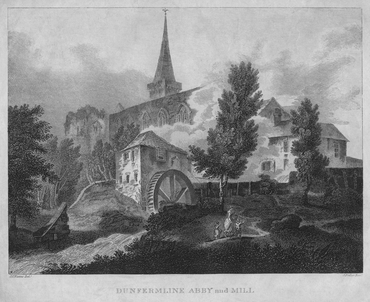 Dunfermline Abby og Mill, 1804 af James Fittler