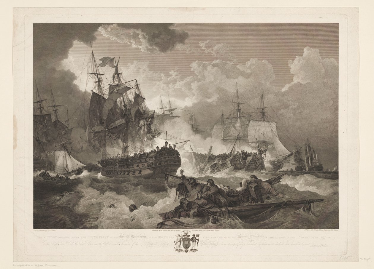 Slag bij Kamperduin, 1797 Sejren opnået over den hollandske flåde af den britiske eskadrille i Nordsøen under kommando af admiral Duncan i aktionen den 11. oktober 1797 (titel på objekt) af James Fittler