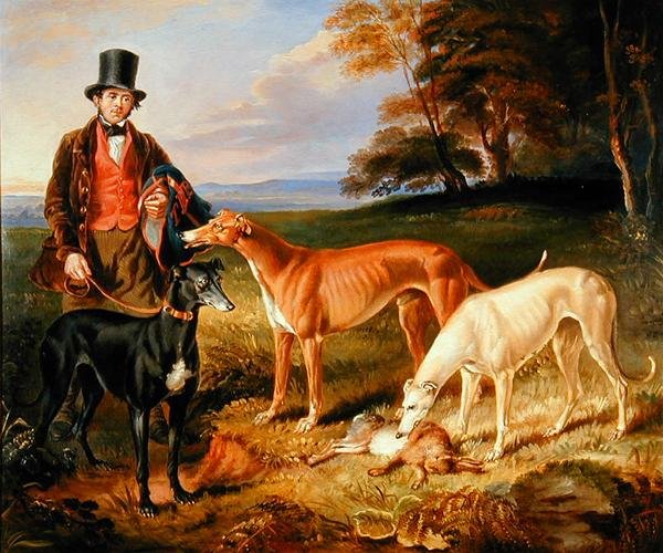 Thomas Harris, Kennel-Man til Tom Llewelyn Brewer, med Greyhounds af James Flewitt Mullock