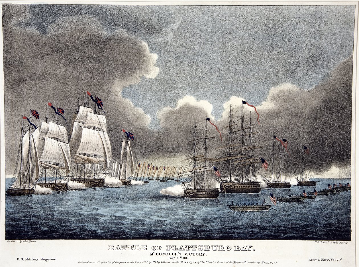 Battle of the Plattsburg Bay: McDonoughs Victory, pub. 1840 (håndfarvet gravering) af James Fuller Queen