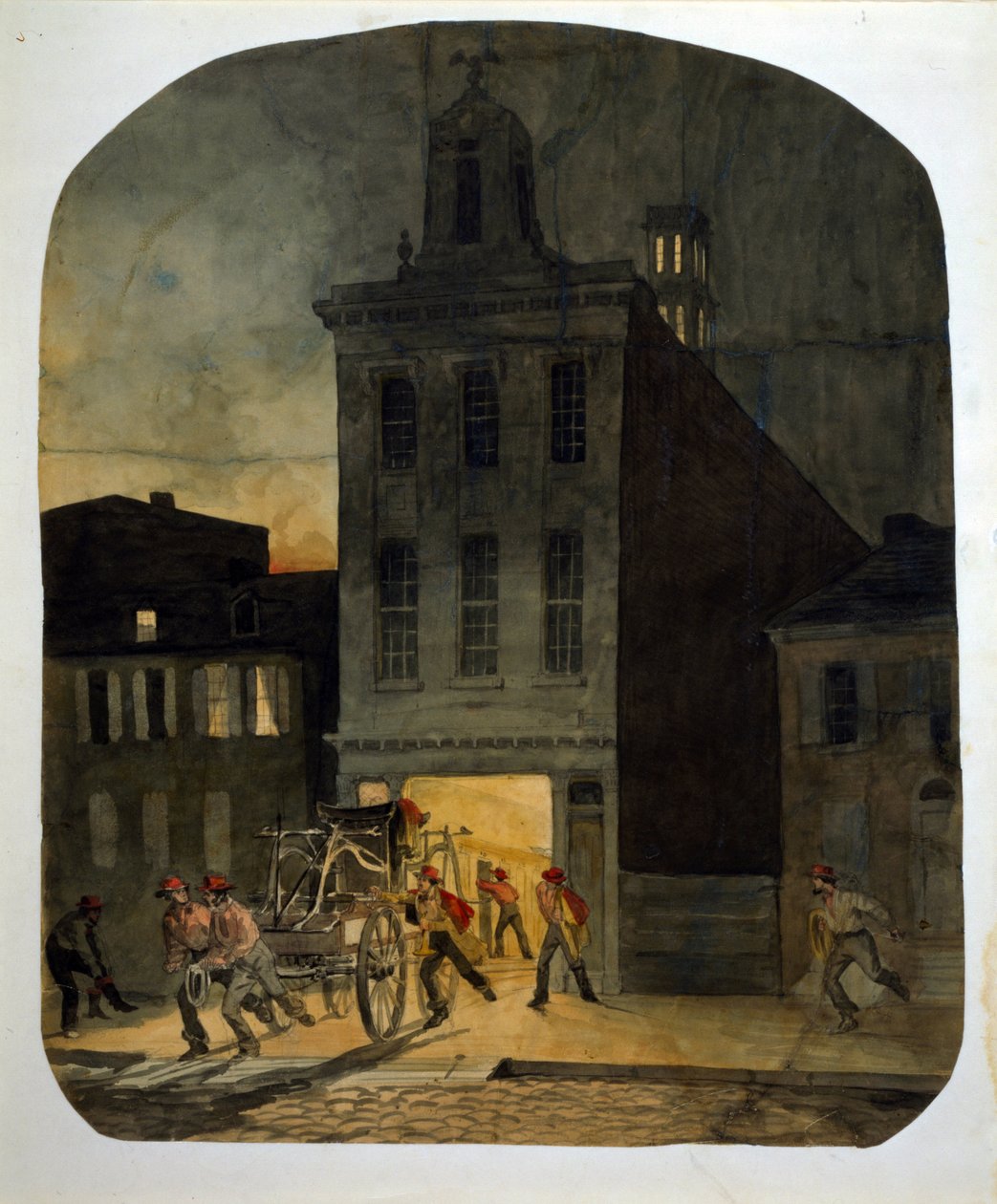 Philadelphia Brandvæsen forlader kasernen for at gå til brandstedet. Akvarel af James Fuller Queen (1820-1866) 1857. af James Fuller Queen