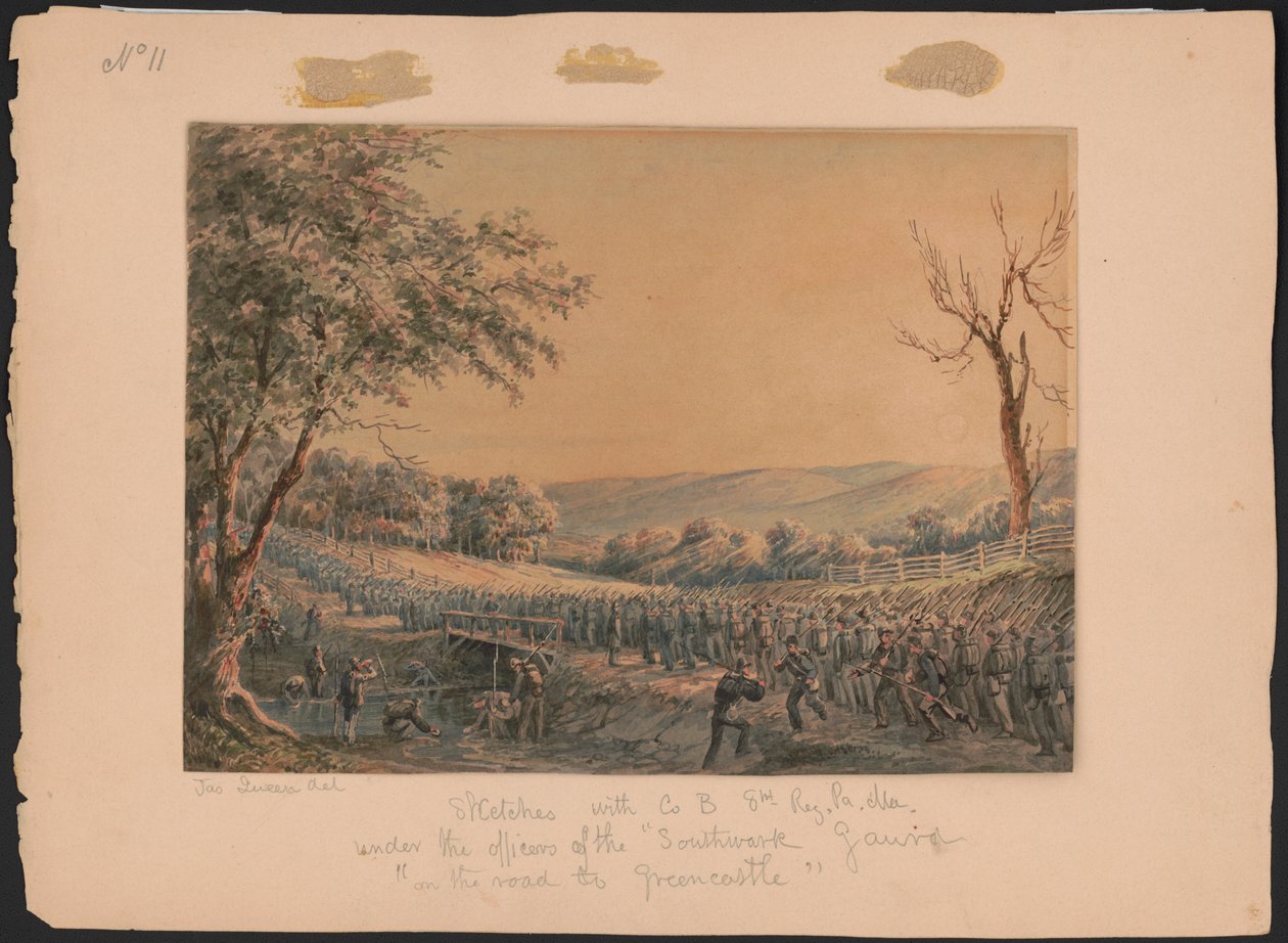 Skitser med Co. B, 8. Reg. Pa. Ma. under betjentene fra den gamle Southwark Gaurd [sic] på vejen til Greencastle / Jas. Dronning del. Abstrakt/medium af James Fuller Queen