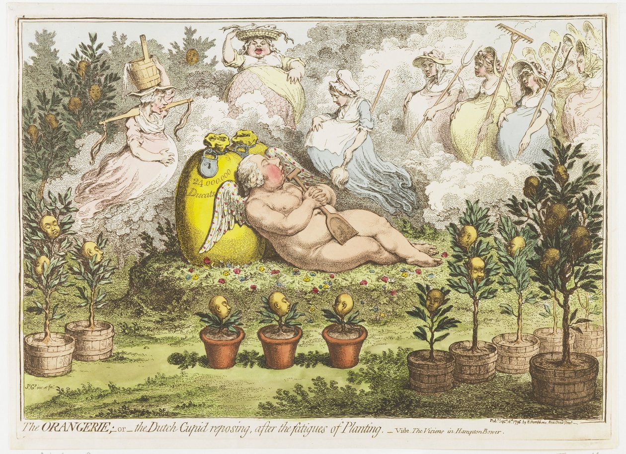 Orangeriet: Den hollandske amor hviler fra plantningens træthed, 1796 Orangeriet; eller den hollandske Amor, der hviler efter plantningens træthed (titel på objektet) af James Gillray (signed by artist)