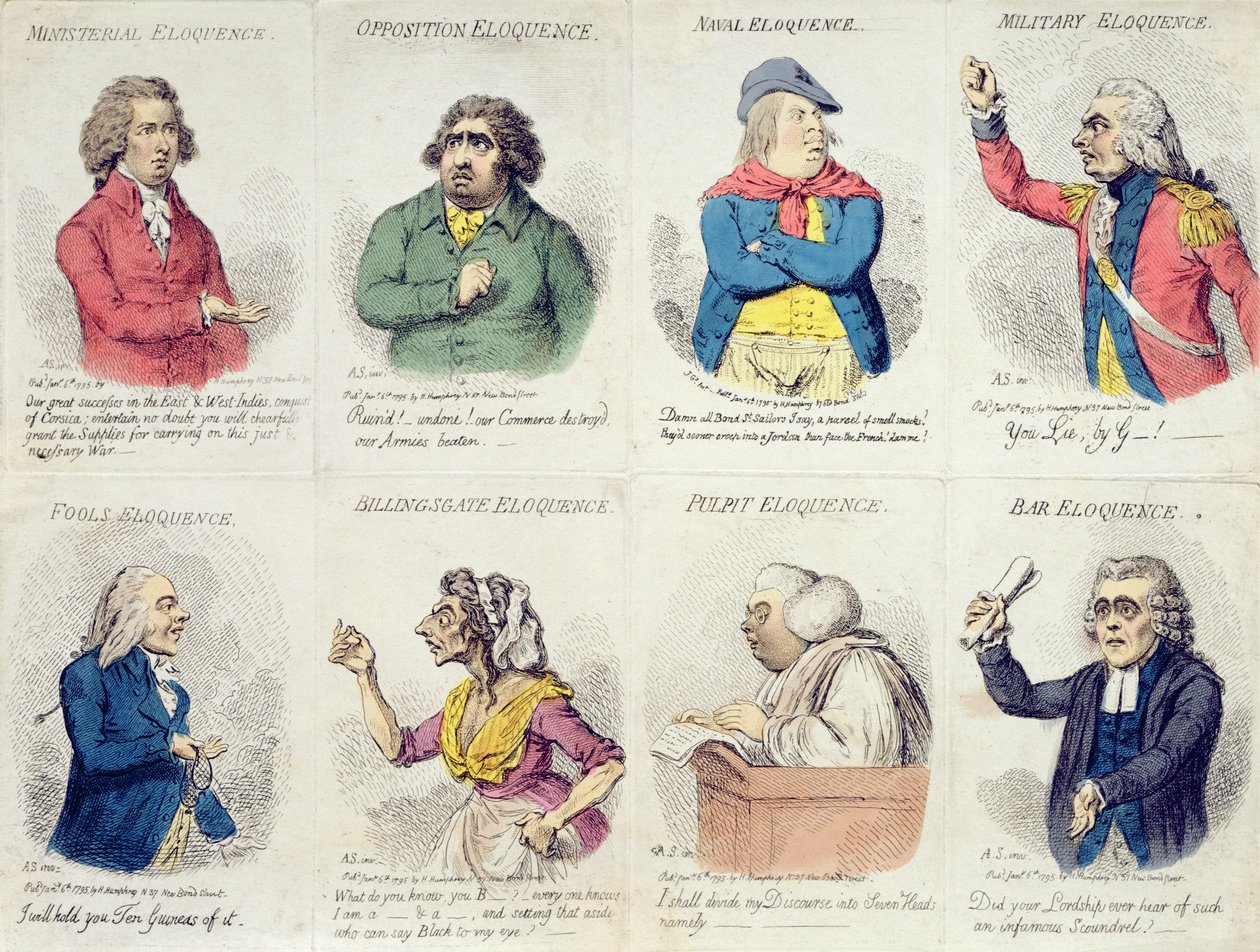 8 vignetter, der skildrer veltalenhed, udgivet af Hannah Humphrey i 1795 (håndkoloreret radering) af James Gillray