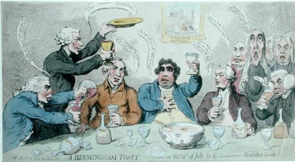 A Birmingham Toast, som givet den 14. juli af Revolution Society, udgivet af S.W. Fores i 1791 (håndkoloreret radering) af James Gillray