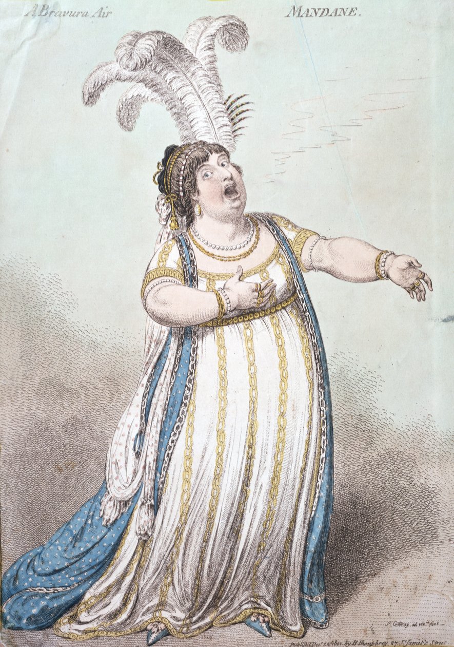 A Bravura Air, Mandane, udgivet af Hannah Humphrey i 1801 (håndfarvet radering) af James Gillray