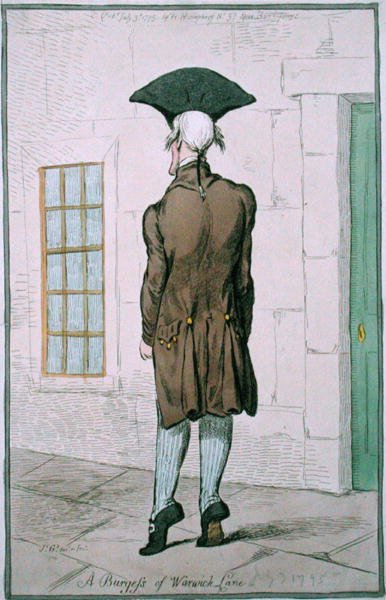 A Burgess of Warwick Lane, udgivet af Hannah Humphrey i 1795 (håndfarvet radering) af James Gillray