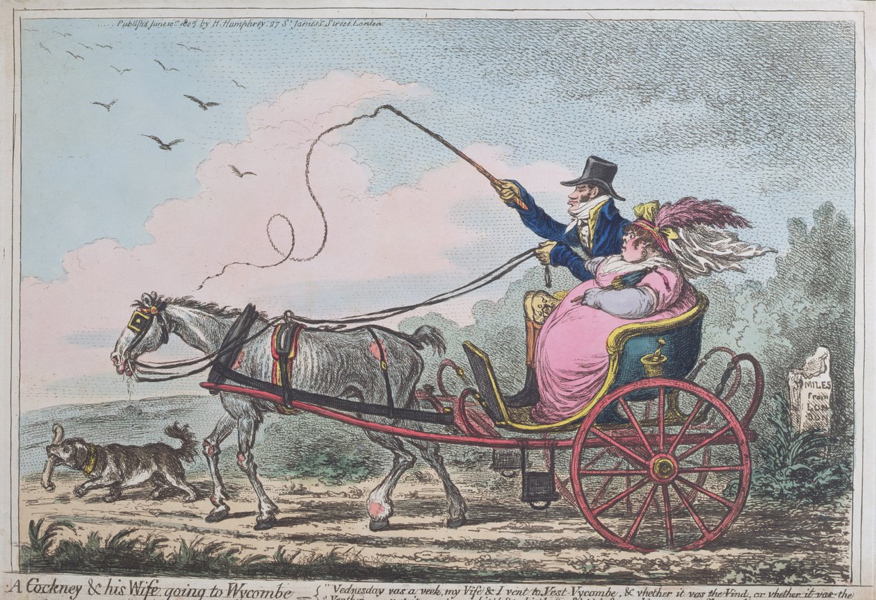 A Cockney and his Wife going to Wycombe, udgivet af Hannah Humphrey i 1805 (håndfarvet radering med akvatint) af James Gillray