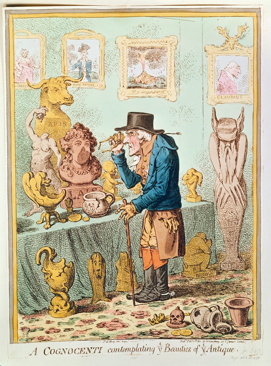 A Cognocenti Contemplating Ye Beauties of Ye Antique, udgivet af Hannah Humphrey, 1801 (håndfarvet radering) af James Gillray