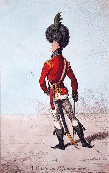 A Dash up St. James Street, udgivet af Hannah Humphrey i 1797 (håndfarvet radering) af James Gillray