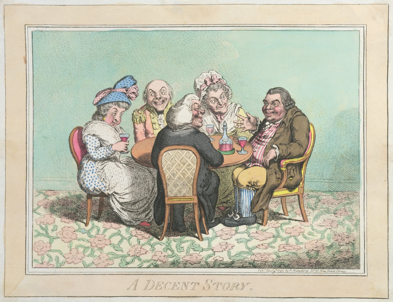A Decent Story, udgivet af Hannah Humphrey i 1795 (håndkoloreret radering) af James Gillray