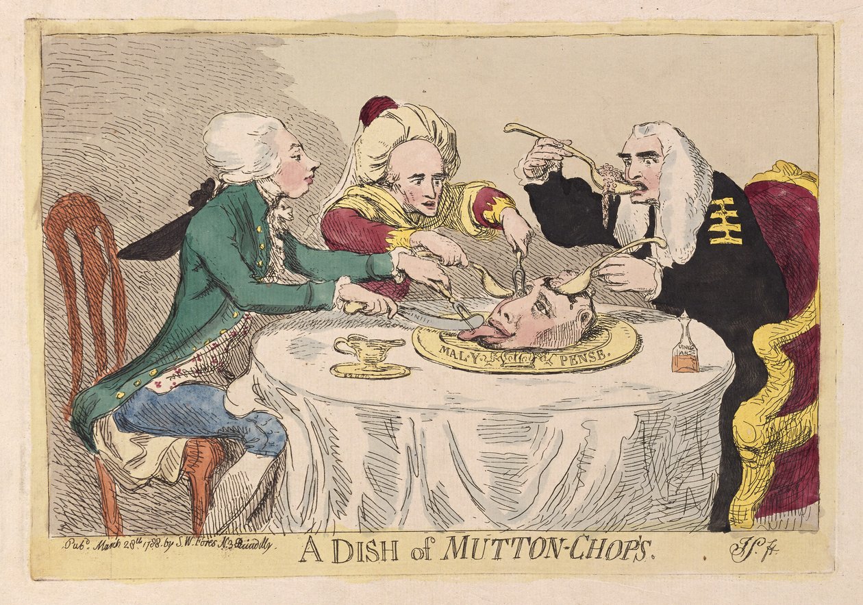 En ret med fårekotelletter, pub. 1788 (håndfarvet gravering) af James Gillray