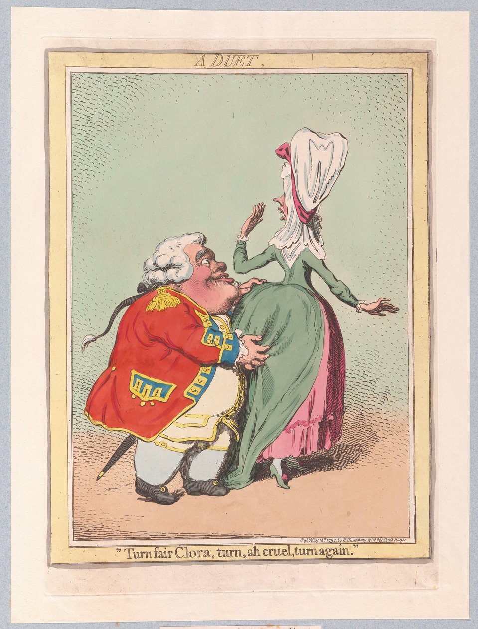 En duet, pub. 1792 (håndkoloreret gravering) af James Gillray