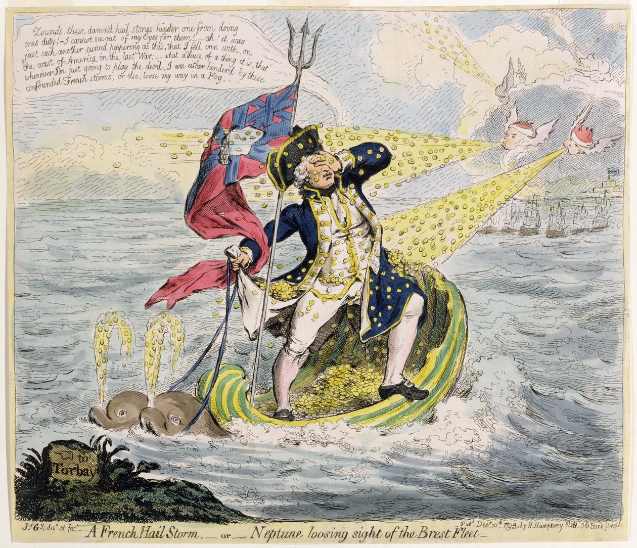 En fransk haglstorm, eller Neptun, der mister Brest-flåden af syne, udgivet af Hannah Humphrey i 1793 (håndfarvet radering) af James Gillray