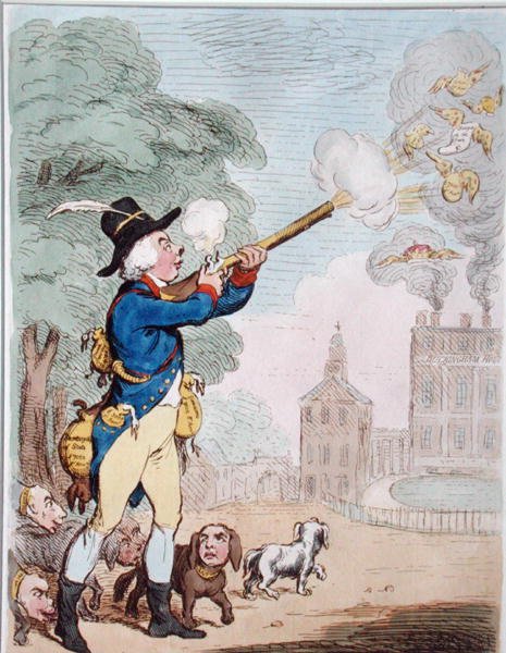A Good Shot, eller Billy-Ranger the Game-Keeper in a fine Sports Country, udgivet af Hannah Humphrey i 1792 (håndfarvet radering) af James Gillray