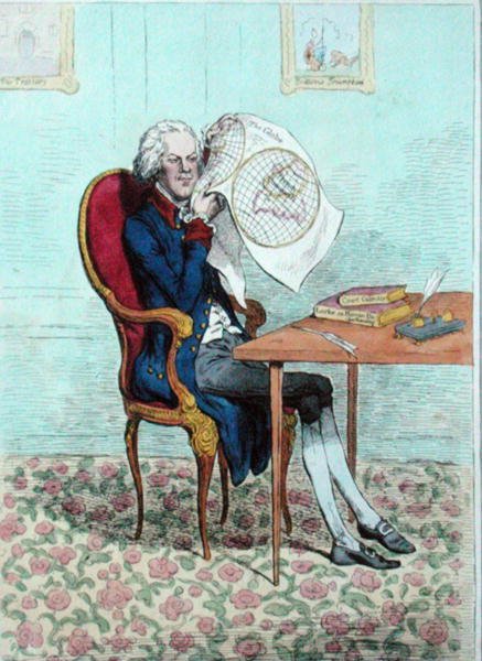 En skarpsynet politiker, der finder ud af de britiske erobringer, udgivet af Hannah Humphrey i 1795 (håndfarvet radering) af James Gillray