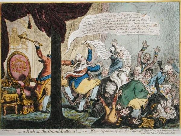 Et spark til bagdelen! - dvs. - Emancipation of "All the Talents", udgivet af Hannah Humphrey i 1807 (håndkoloreret radering med akvatint) af James Gillray