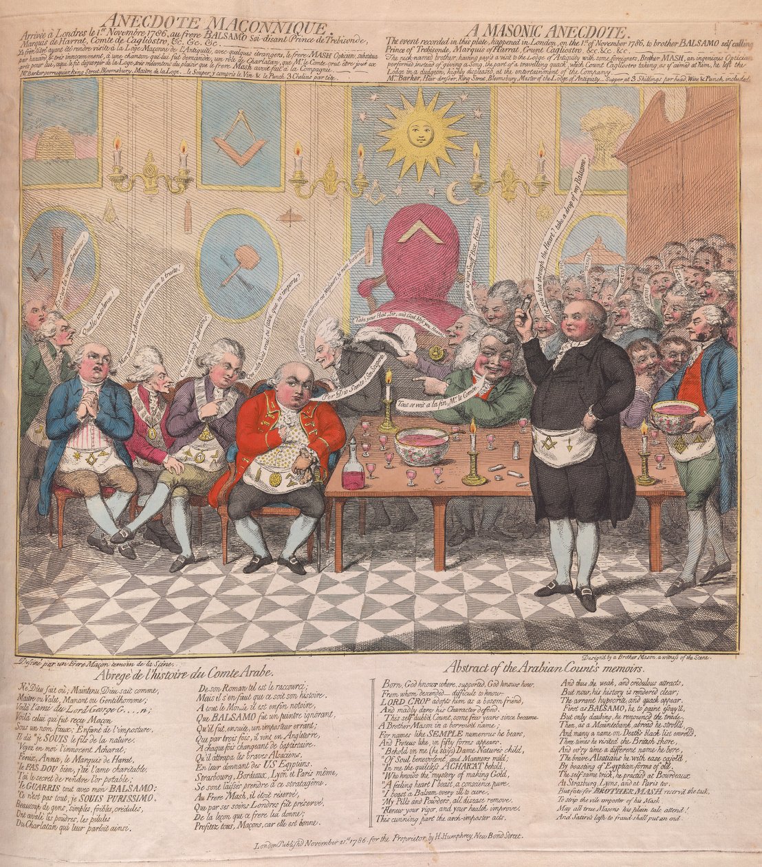 En frimureranekdote, pub. 1786 (håndfarvet gravering) af James Gillray