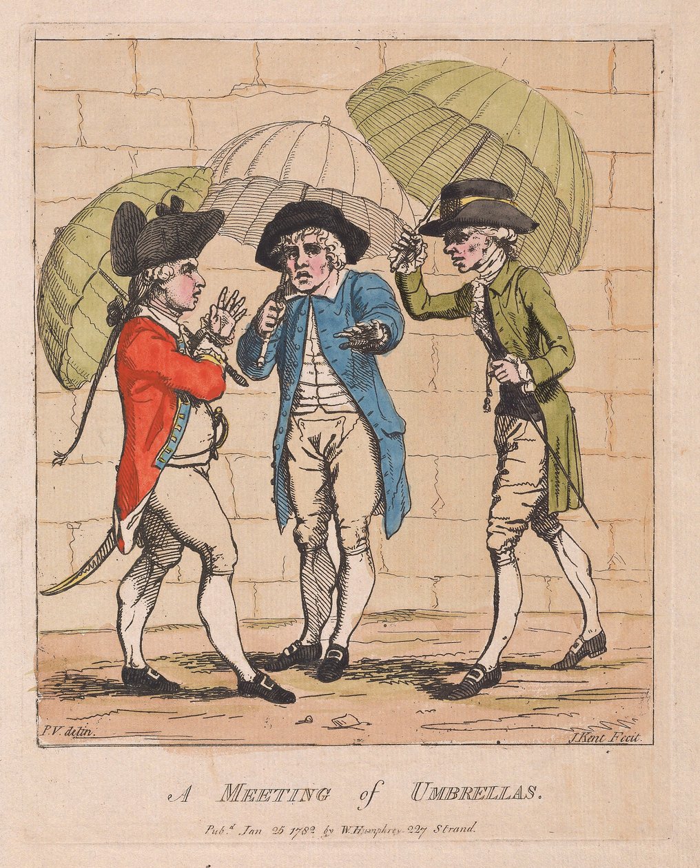 Et møde mellem paraplyer, pub. 1782 (håndkoloreret gravering) af James Gillray