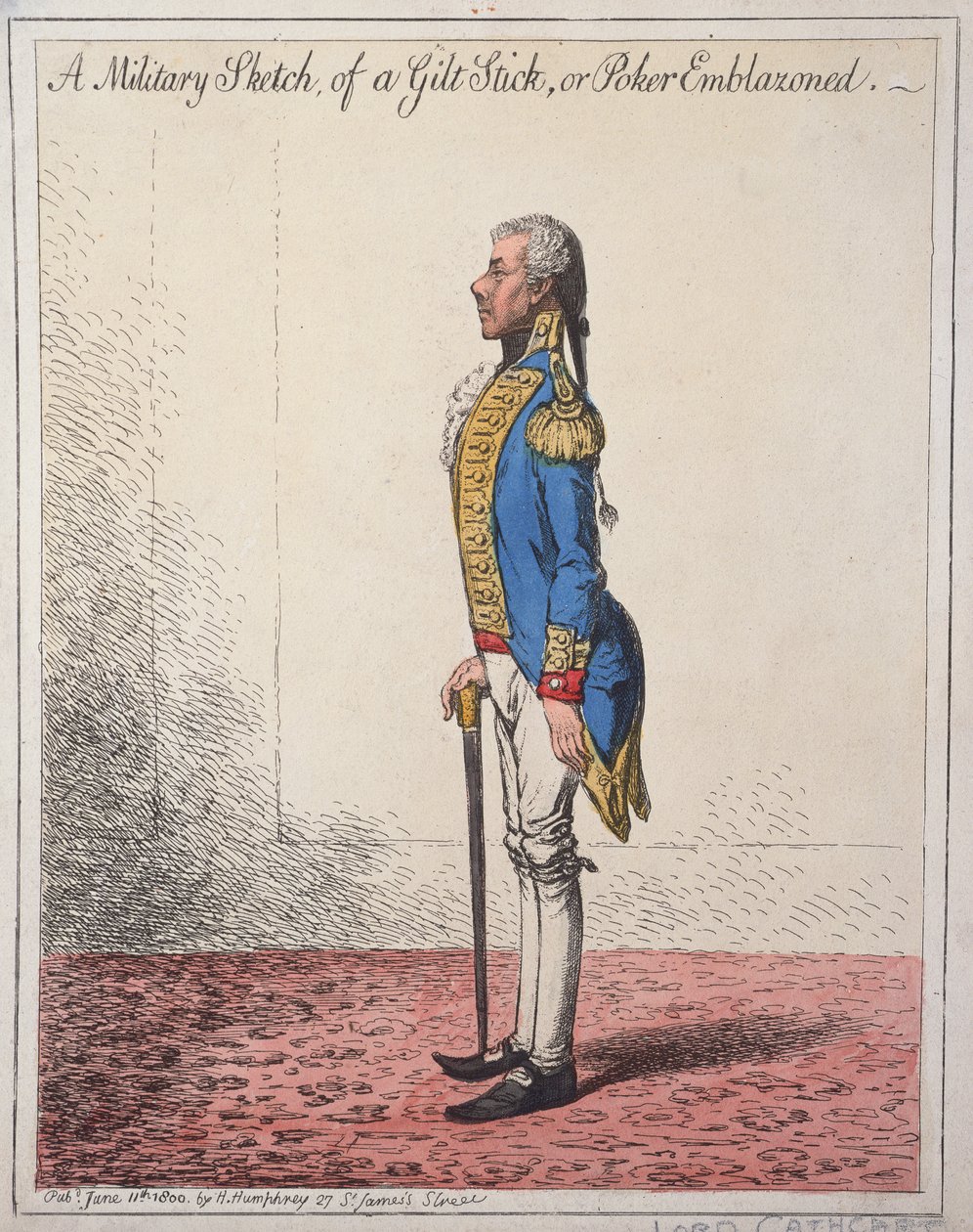 A Military Sketch of a Gilt Stick, or a Poker Emblazoned, udgivet af Hannah Humphrey i 1800 (håndkoloreret radering) af James Gillray