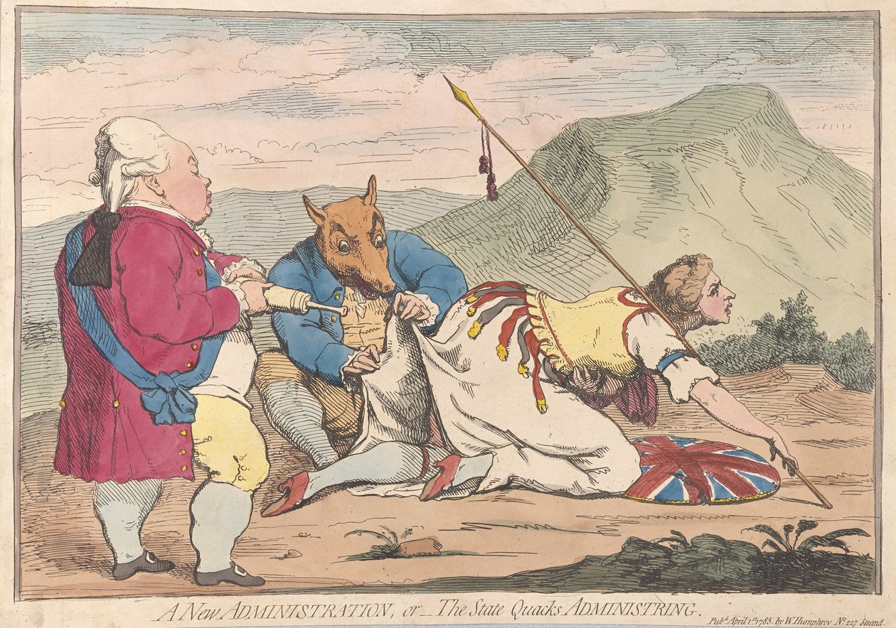 A New Administration eller The State Quacks Administring, pub. 1783 (håndfarvet gravering) af James Gillray